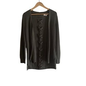 PINQUE JAMELYA LATTICE BACK CARDIGAN SWEATER Women's Size Medium Moss Green